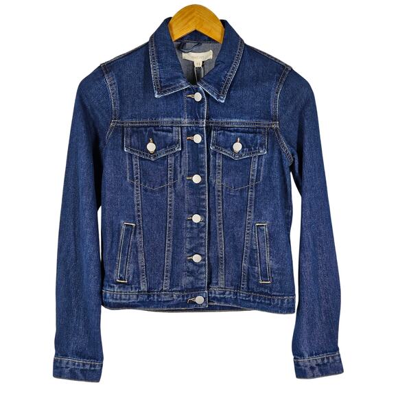 BRIT.NY WOMEN'S BLUE JEAN JACKET W/ SEWN ART CHAIN DESIGN PATCH ON BACK SIZE XS - Picture 1 of 8